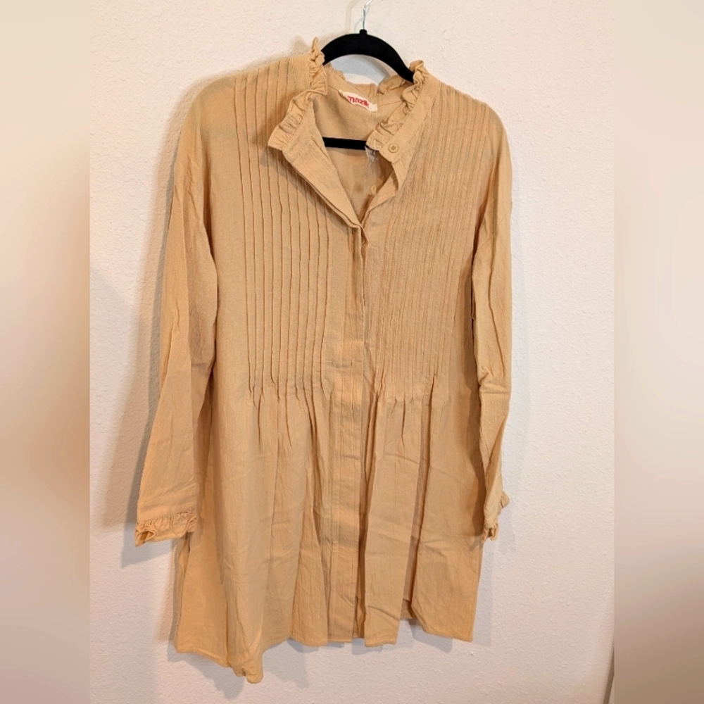 Tan Long-Sleeve Pleated Cotton Dress